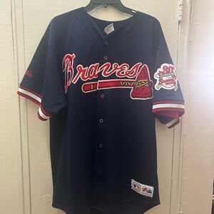 VINTAGE Majestic Atlanta Braves Navy Blue Jersey with Red & White Accents